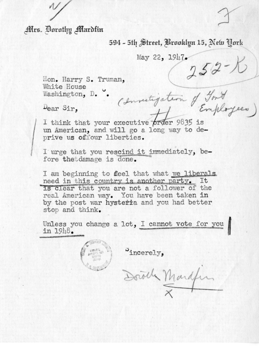 Dorothy Mardfin to Harry S. Truman