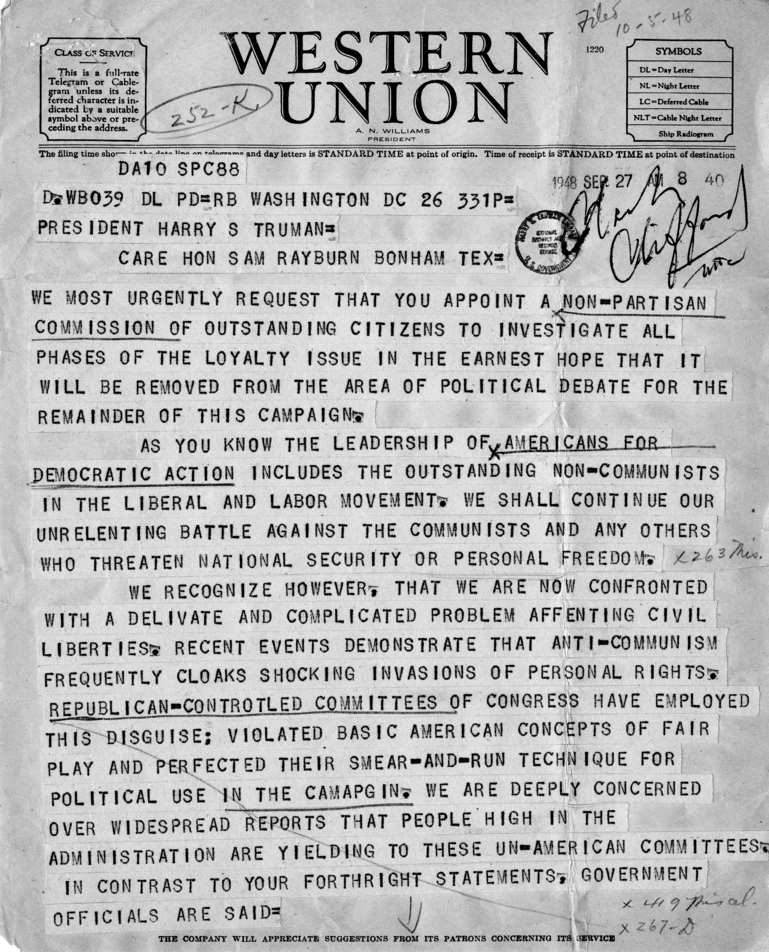 Telegram, Leon Henderson to Harry S. Truman
