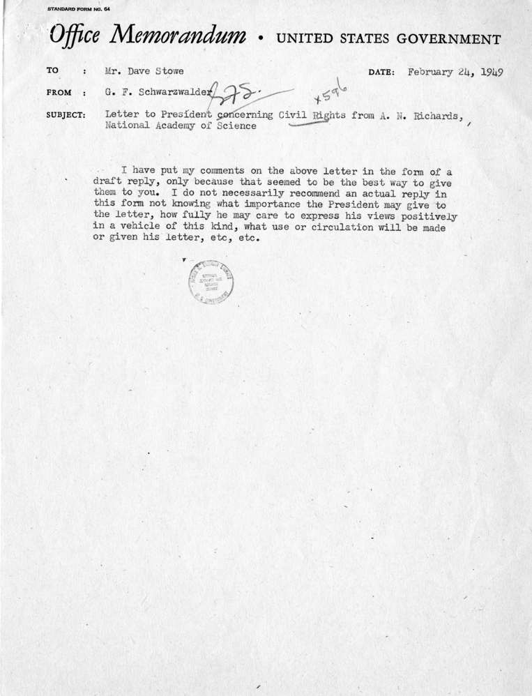 Alfred N. Richards to Harry S. Truman With Attachment, With Reply from John R. Steelman and Related Material