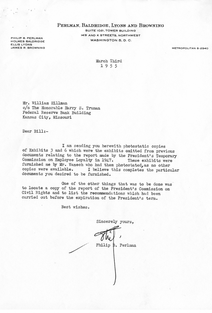 Philip Perlman to Harry S. Truman With Attachments